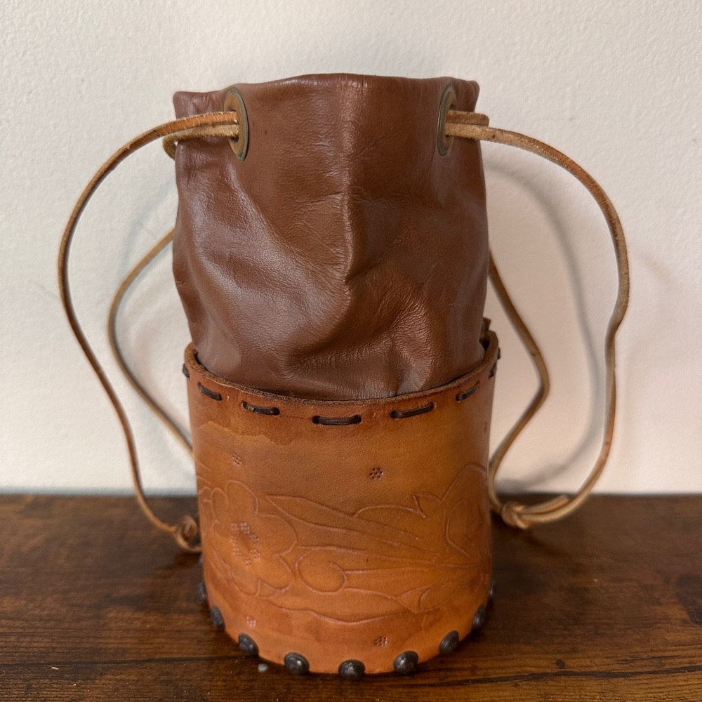 VTG Handcrafted Tooled Leather Cylinder Bucket Bag Drawstring Backpack Studded - Picture 1 of 11
